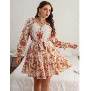 Plus Floral & Paisley Print Flounce Sleeve Belted Dress 14 1XL